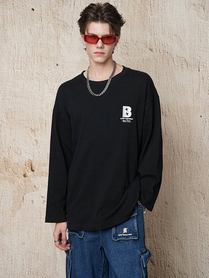 Cotton base round neck long-sleeved loose T-shirt X3061