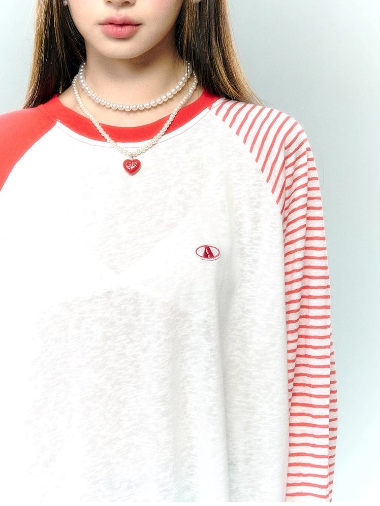 Raglan Sleeve Striped Loose T-Shirt　X3165