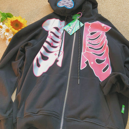 Skeleton Print Zip-Up Hoodie　X3727