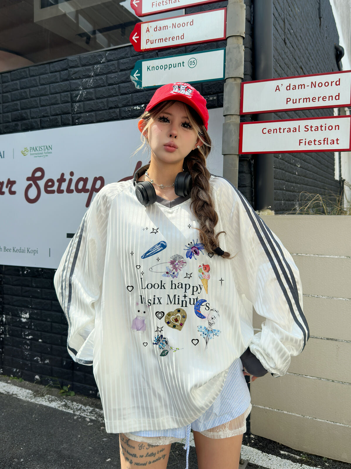 Cute print Oversize long sleeve jersey tops X3075