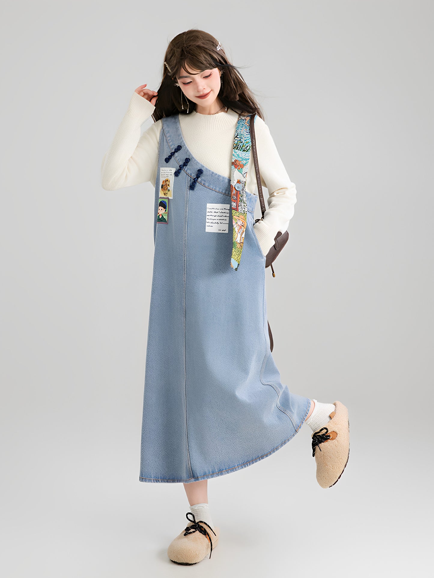 Art Print Denim Jumper Dress X3671