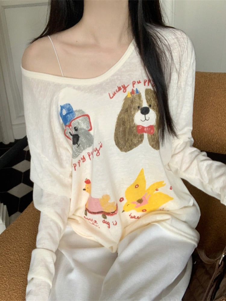 Cute dog print u-neck long sleeved T-shirt X3070