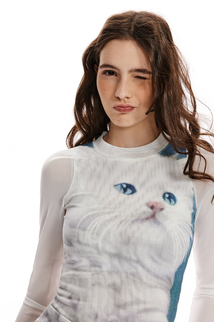 Cat print slim fit crew neck long sleeve T-shirt X3052