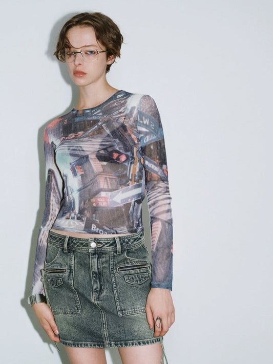 Printed Slim Long-Sleeved T-Shirt X3158