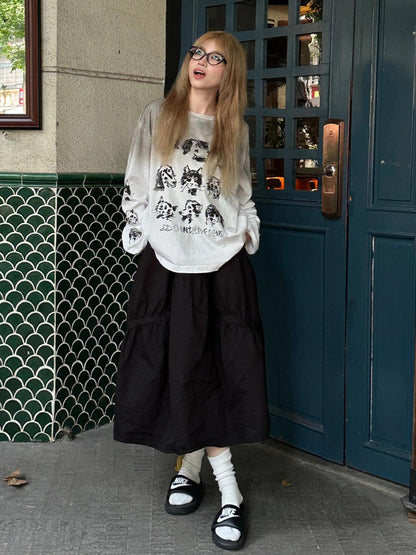 Cat and dog print loose long sleeve T-shirt X3051