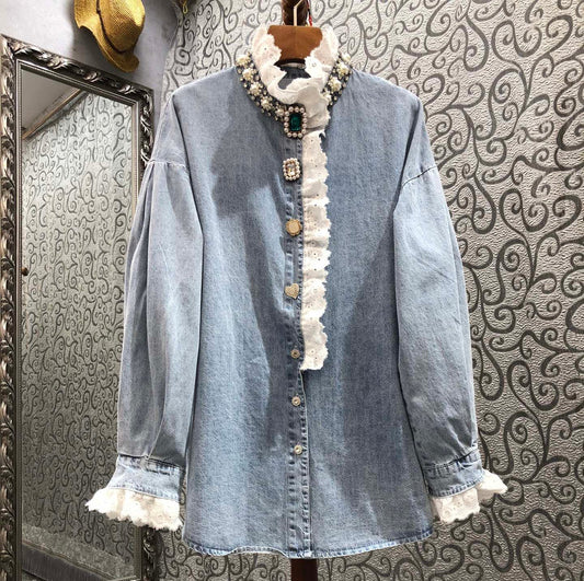 【在庫残り僅か】Stand Collar Frill Denim Shirt　X2501