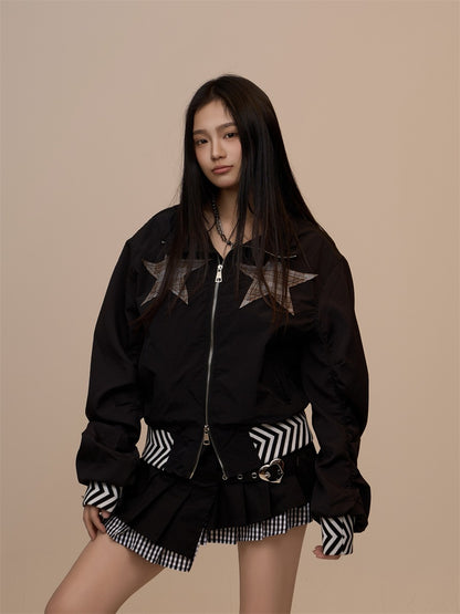 Spring New Black Plaid Star Oversized Jacket　X3390