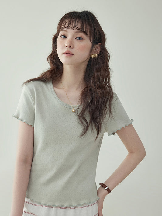 Cotton Jacquard Frill-Sleeve Short Tee　X3233