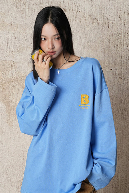 Cotton base round neck long-sleeved loose T-shirt X3061