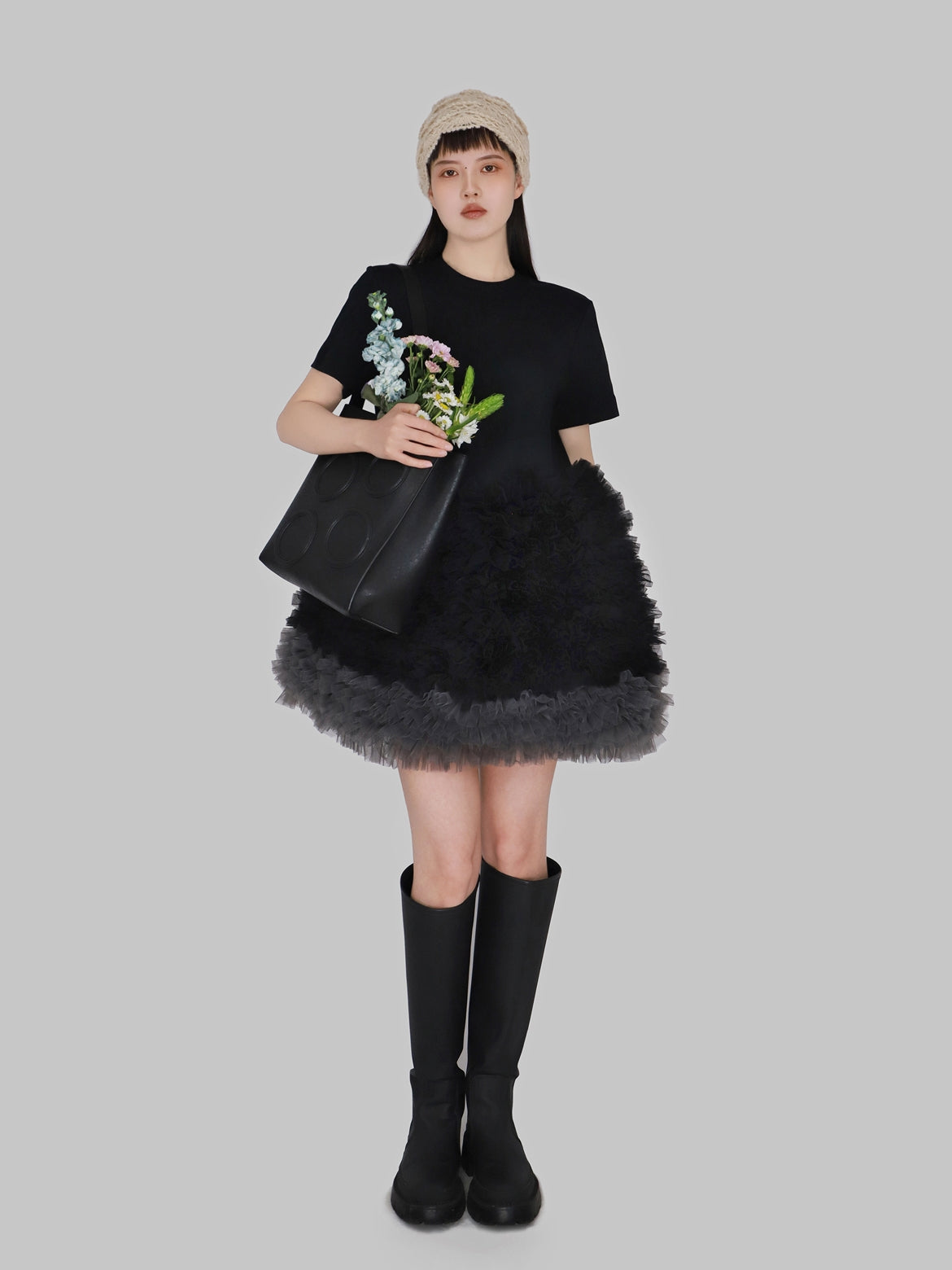 Mesh Bubble Patchwork Dress　X3240