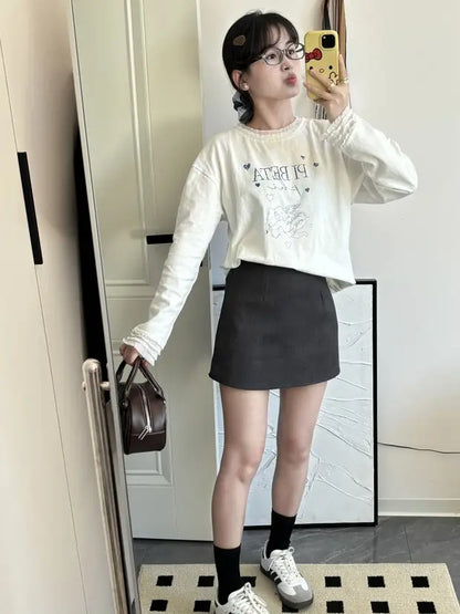 Sweet lace patchwork long sleeve T-shirt X3198