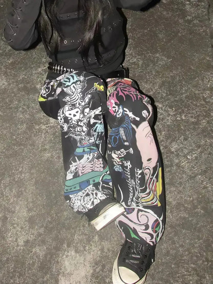 Graffiti Print Wide Leg Jeans　X3705