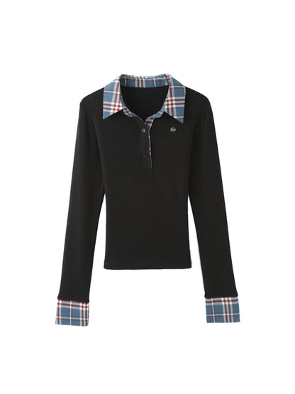 Polo collar plaid layered long sleeve T-shirt X3157