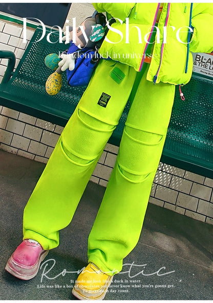 螢光綠撞色拼接抓絨運動褲 X3468