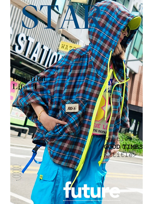 Plaid Hooded Oversized Jacket　X3685