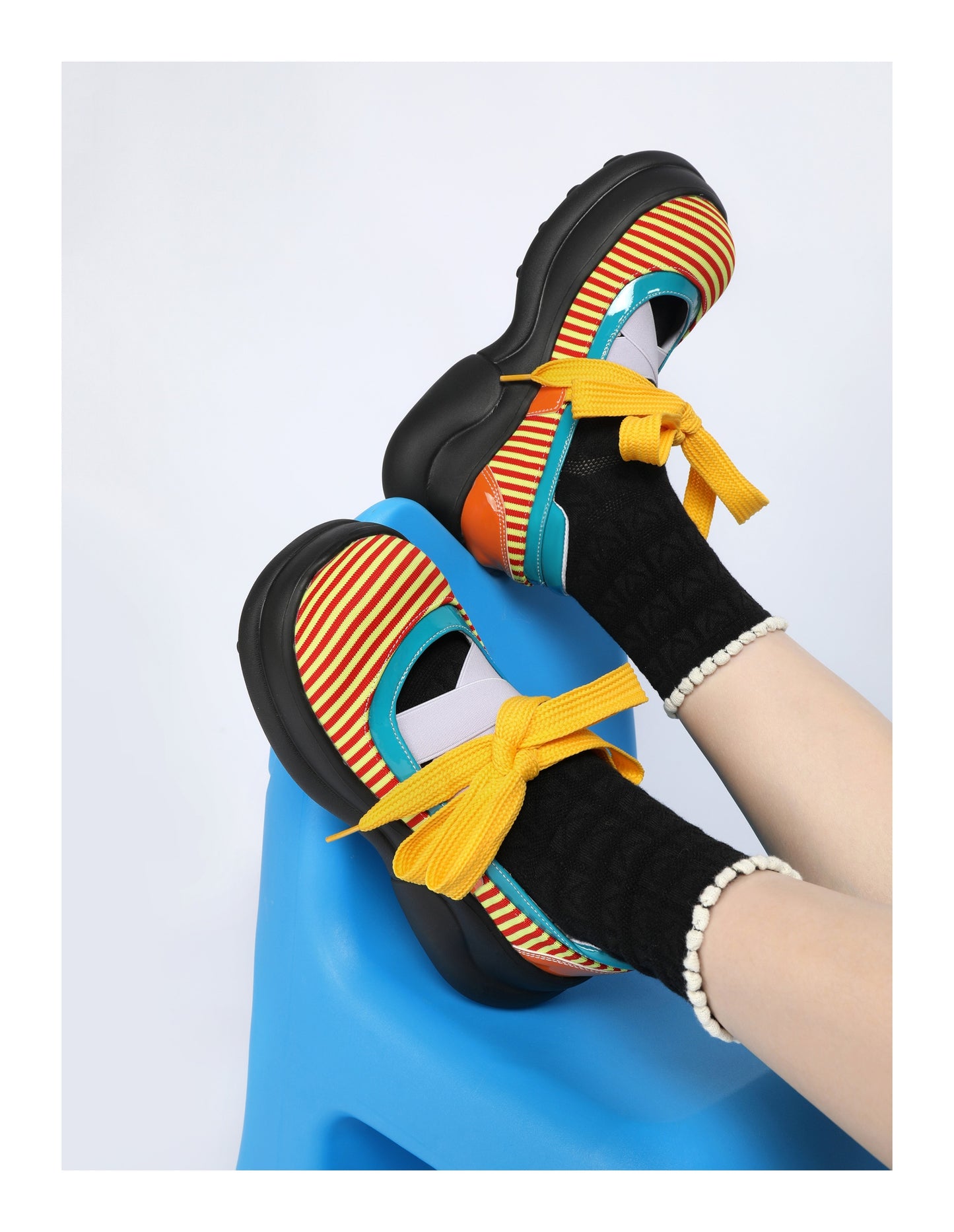 Colorblock Stripe Chunky Platform Lace-Up Shoes　X3481