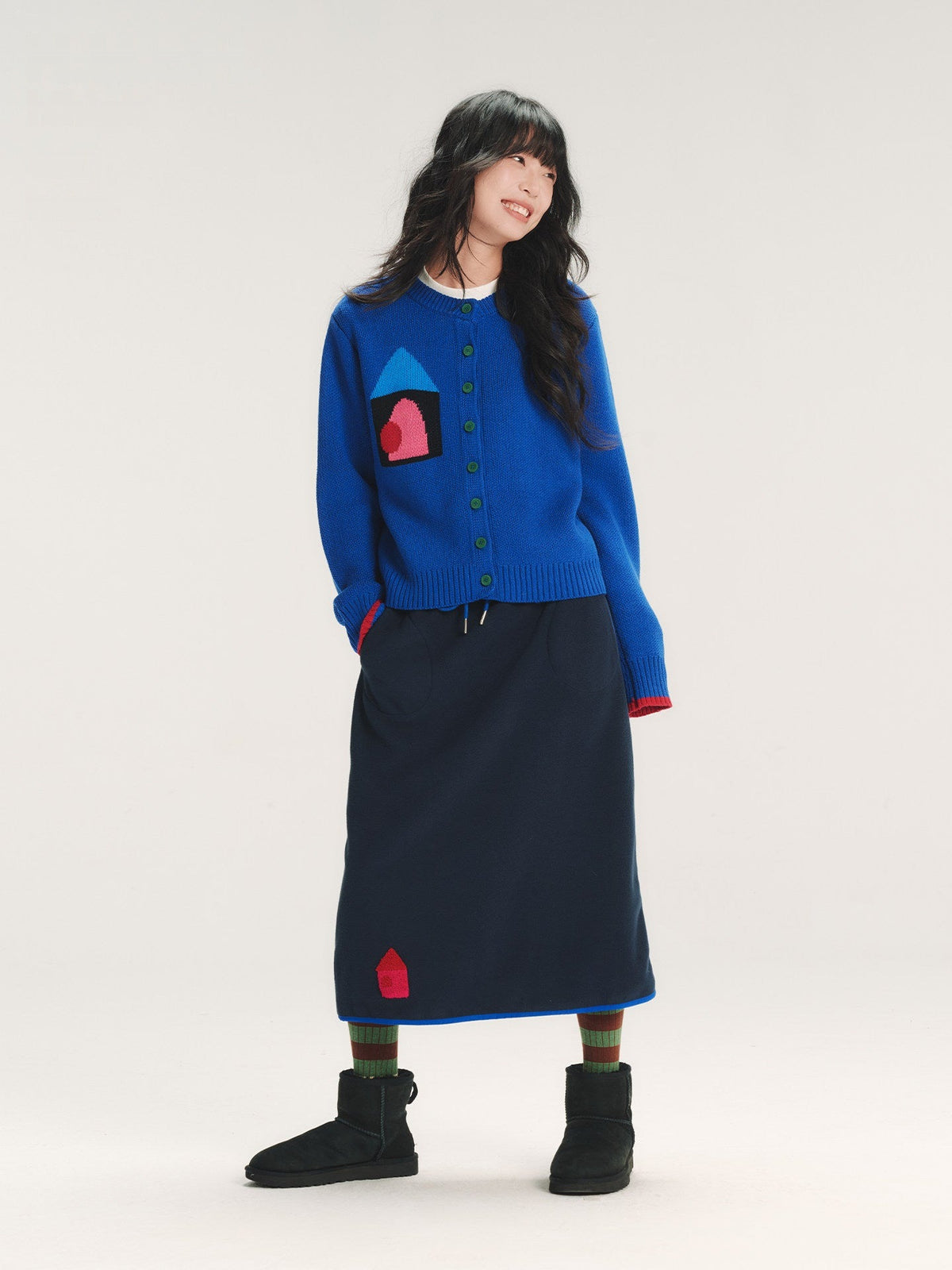 House Embroidery Fleece Midi Skirt　X3718