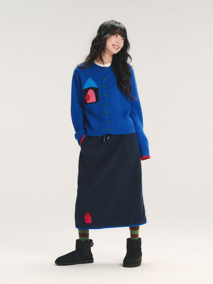 House Embroidery Fleece Midi Skirt　X3718