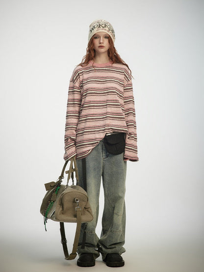 Stitched striped long loose sleeved T-shirt X3194