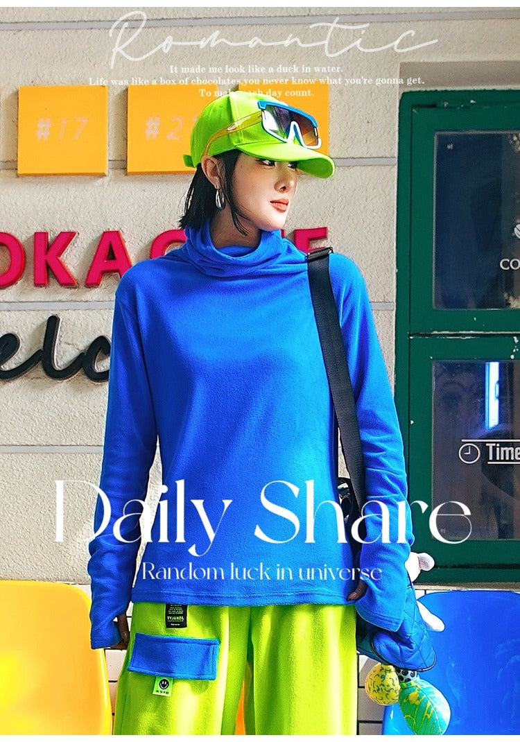Fluorescent Color-Block Fleece High-Neck Top　X3474