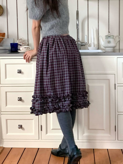 Patchwork Check Frill Midi Skirt X3715