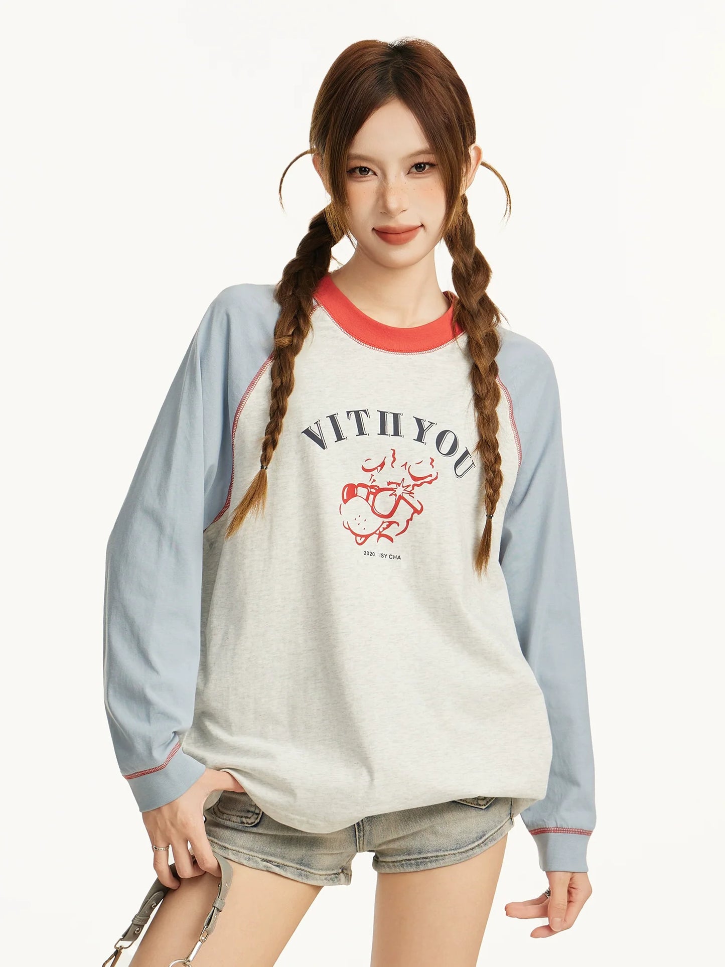 Raglan shoulders long-sleeved t-shirt　X3164