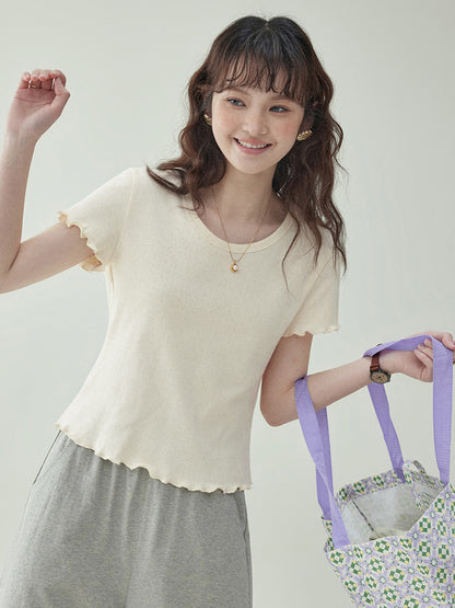 Cotton Jacquard Frill-Sleeve Short Tee　X3233