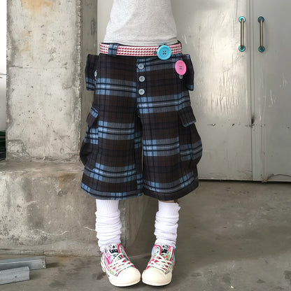 Plaid Button Cargo Cropped Pants　X3702