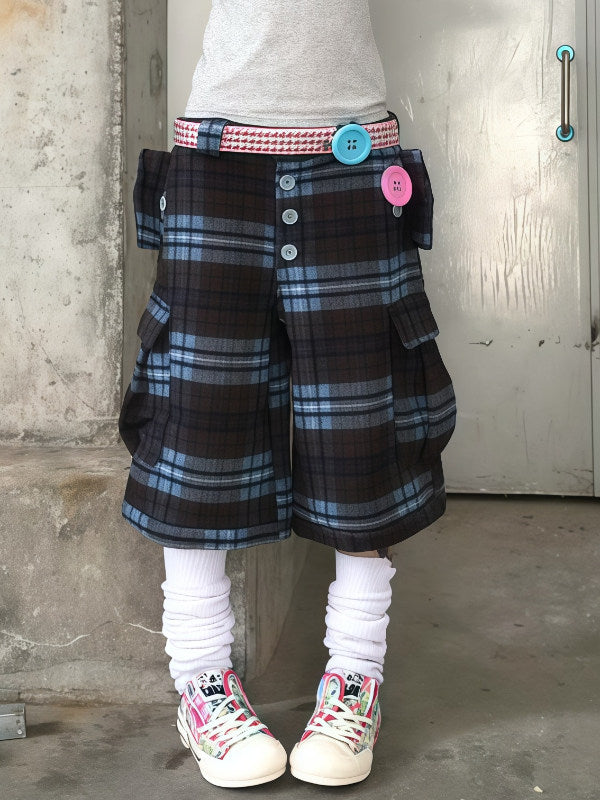 Plaid Button Cargo Cropped Pants　X3702