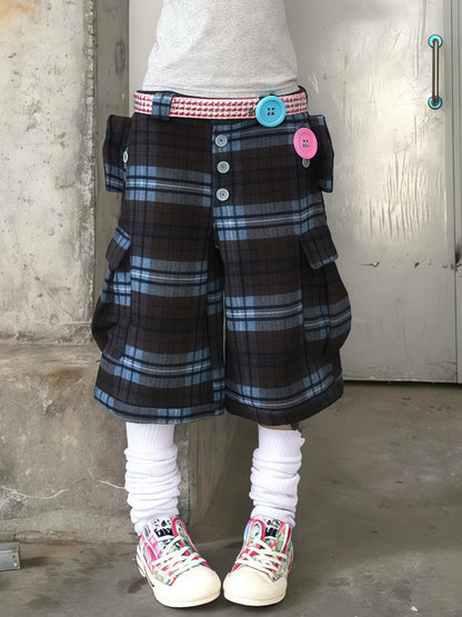 Plaid Button Cargo Cropped Pants　X3702
