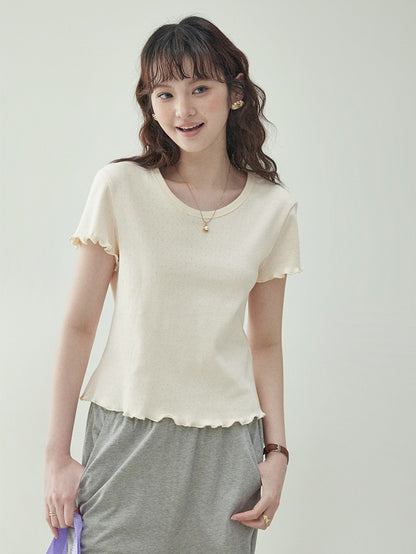 Cotton Jacquard Frill-Sleeve Short Tee　X3233