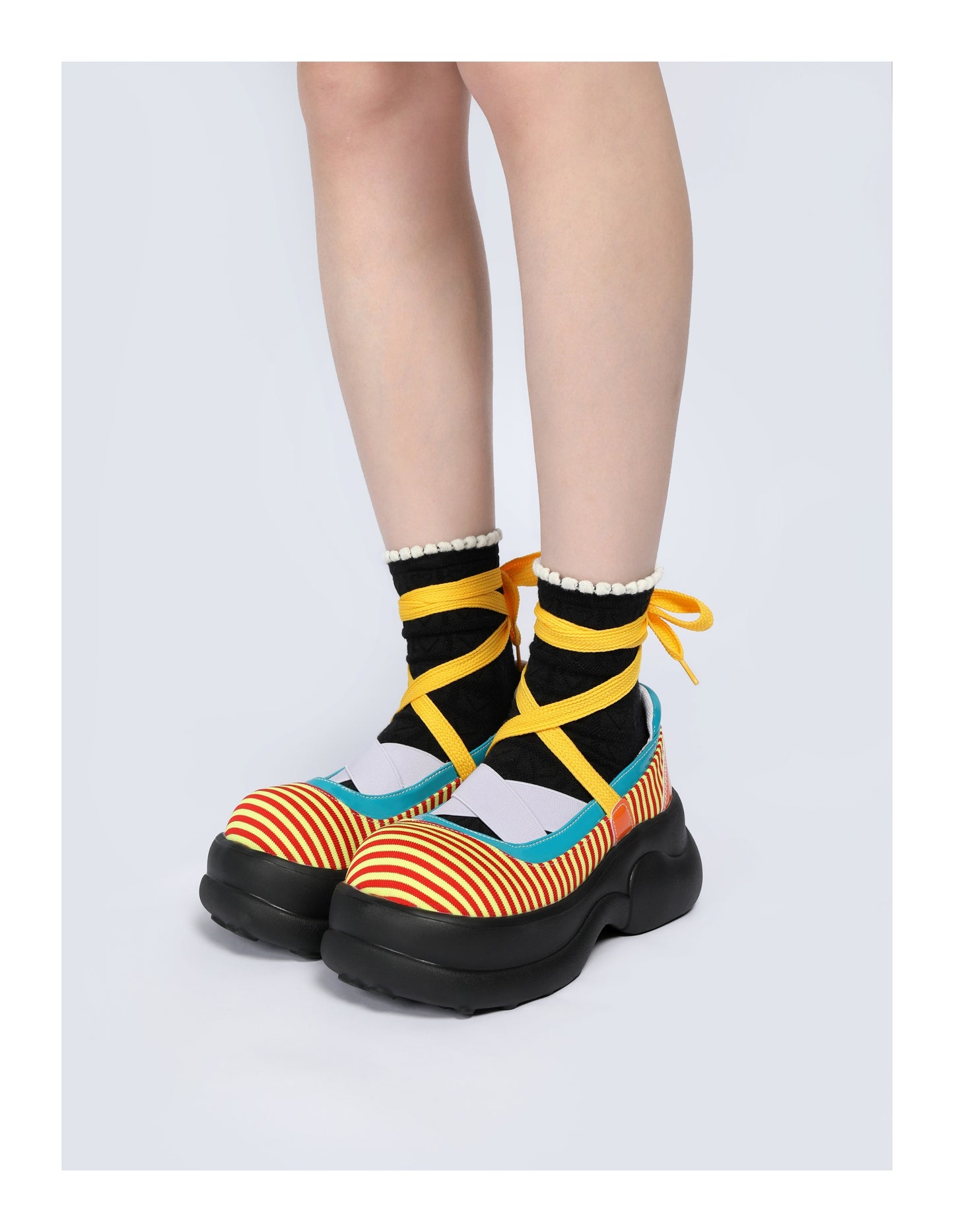 Colorblock Stripe Chunky Platform Lace-Up Shoes　X3481