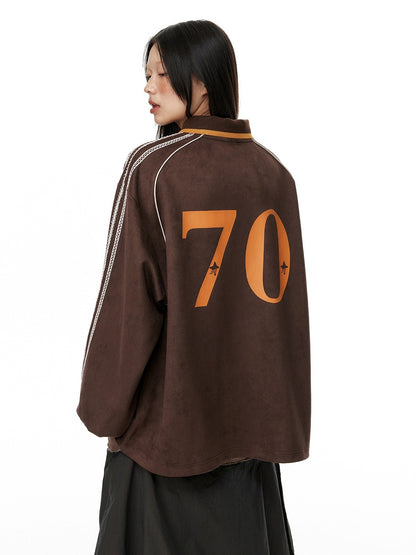 Cocoa Brown Suede Lace Patchwork V-Neck Pullover Sweatshirt　X3330