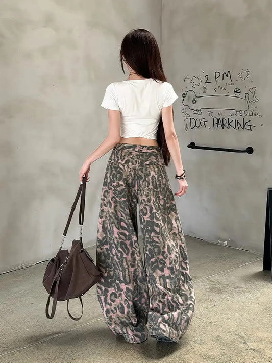Pink Leopard Balloon Wide Leg Jeans　X3704