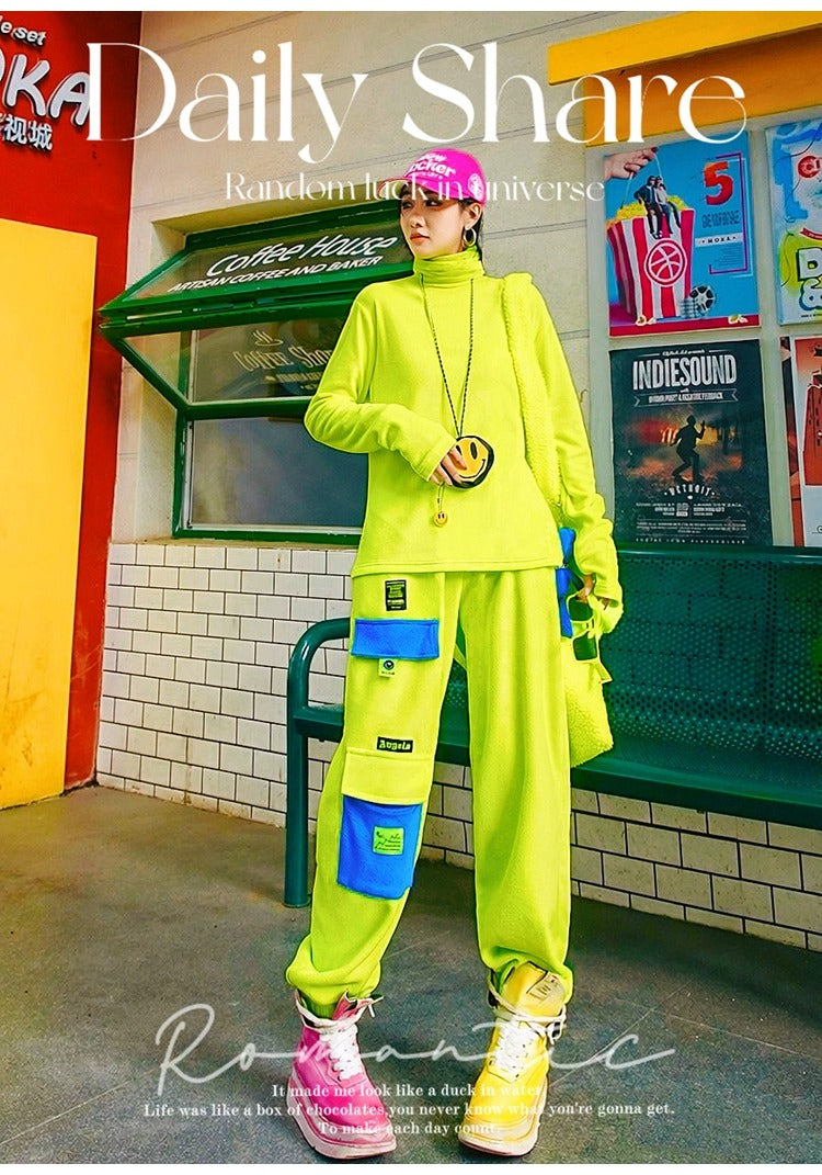 Fluorescent Color-Block Fleece High-Neck Top　X3474