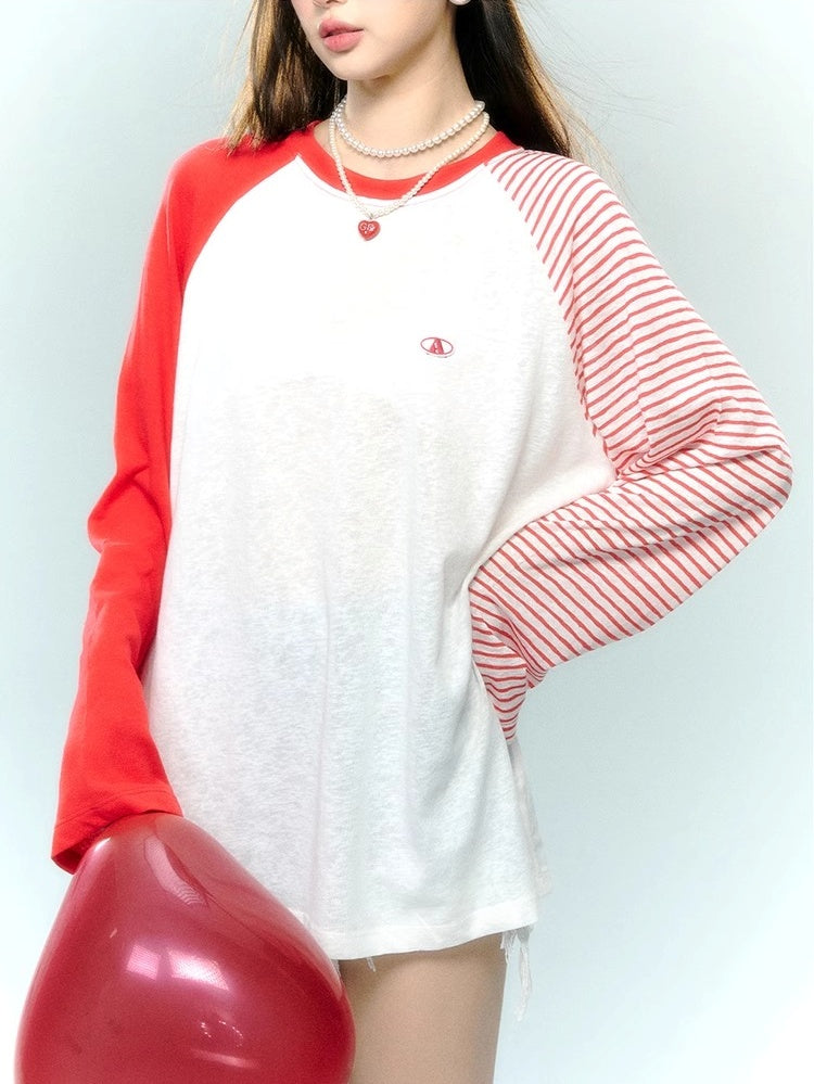 Raglan Sleeve Striped Loose T-Shirt　X3165