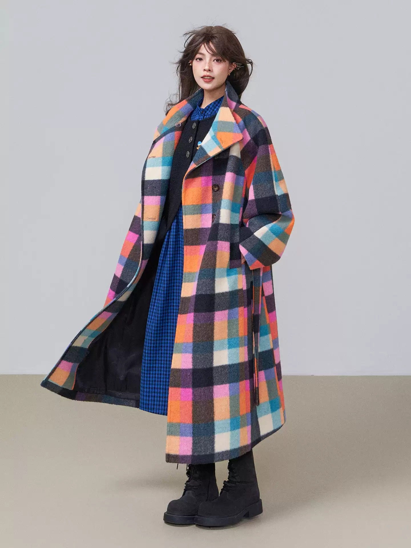 韓版格紋羊毛大衣 X3449