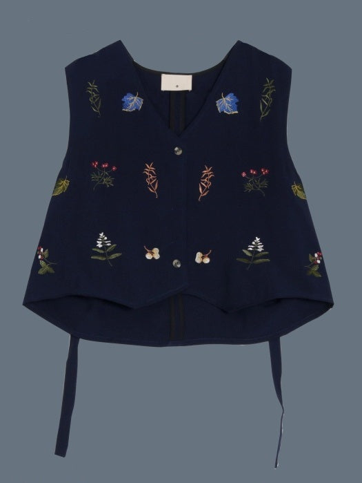 Flower embroidered v-neck vest　X3096