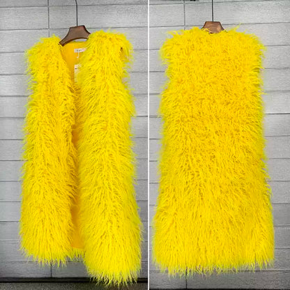 Round neck faux fur long vest jacket X2857