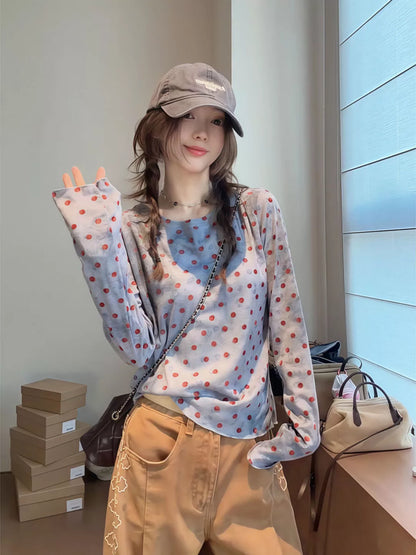 初秋の新しいミニマリストカジュアルでゆったりとした水玉模様のスリムフィットの長袖Tシャツ