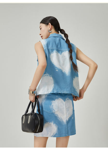 Tie-Dye Denim Style Sleeveless Vest / Mini Skirt Set　X3547