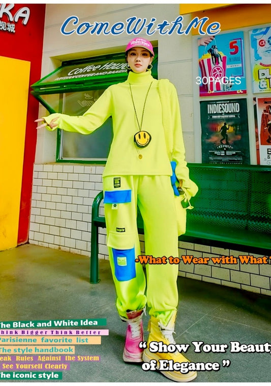 Fluorescent Color-Block Fleece High-Neck Top　X3474