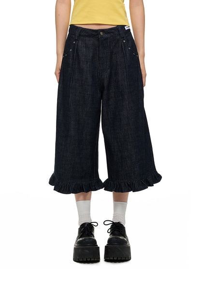 Washed Denim Wide-Leg Cropped Pants　X3335