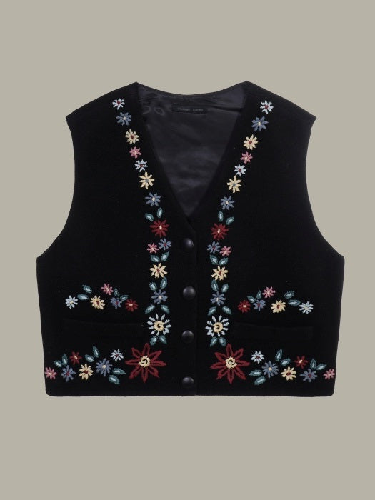 V-neck flowers embroidery vest　X3209