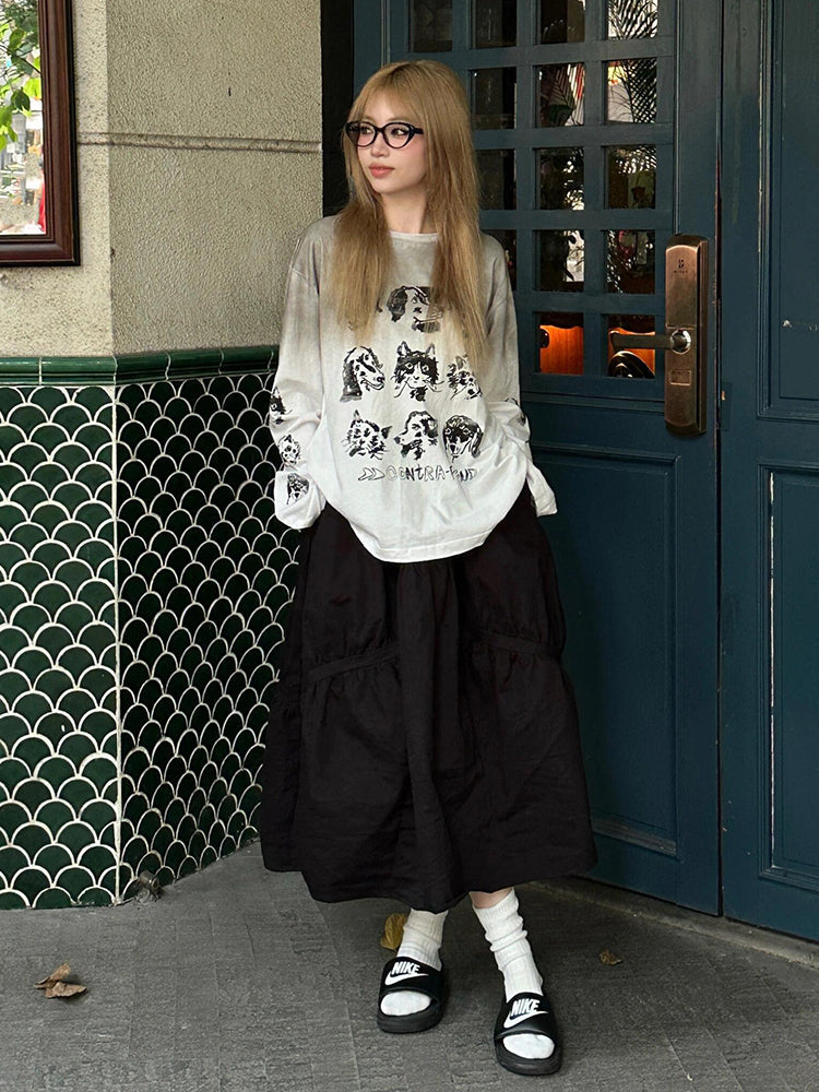 Cat and dog print loose long sleeve T-shirt X3051