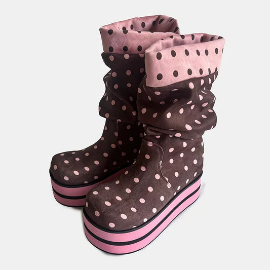 Polka Dot Platform Slouchy Mid Boots　X3524