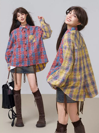 Retro Color-Block Cotton Check Shirt &amp; Skirt Set X3453