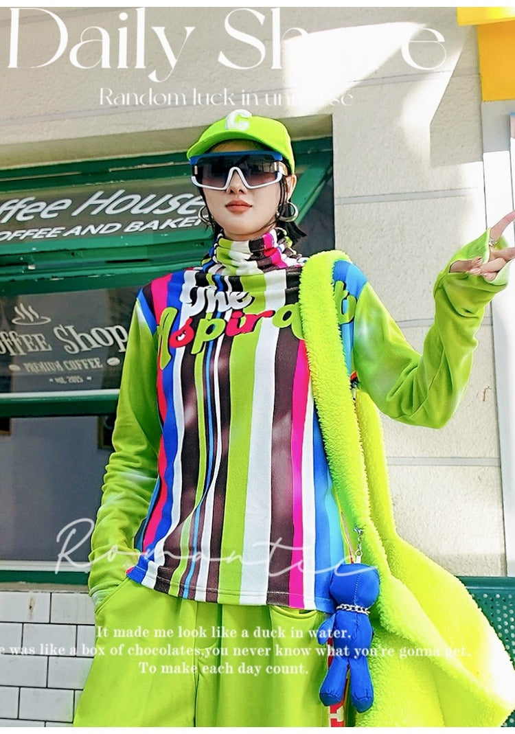 條紋字母印花保暖底高領T卹 X3459