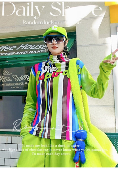 條紋字母印花保暖底高領T卹 X3459