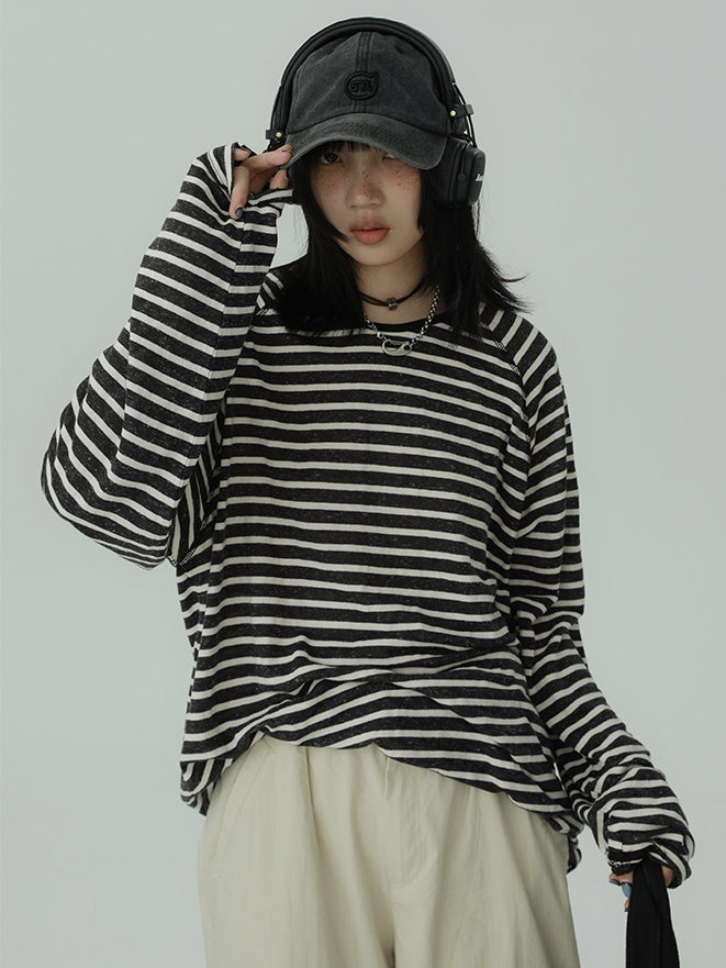 Stripe Round Neck Tops　X3196